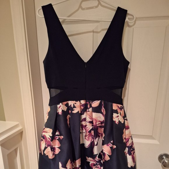 Navy Blue Tea Length Dress with Mesh Cut Outs and Floral Skirt - Picture 4 of 9